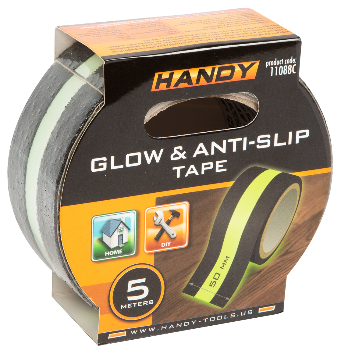 Glow & Anti-Slip szalag, fekete szalag sárga csíkkal, a csomag otthoni és barkács ikonokat mutat.