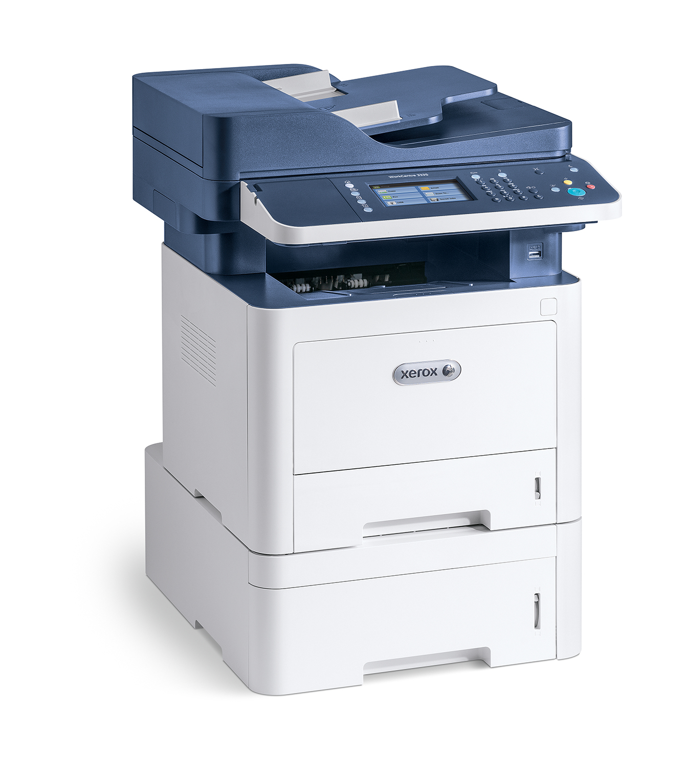 Üstünde bir belge besleyici bulunan beyaz ve lacivert bir Xerox yazıcısı.
