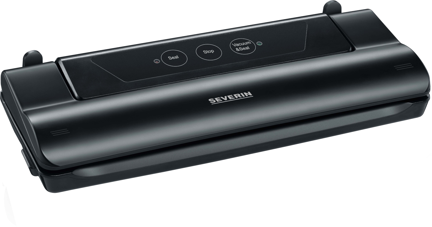 Zwarte Severin vacuümafdichter op zwarte achtergrond. Knoppen lezen Seal, Stop en Vacuum & Seal.