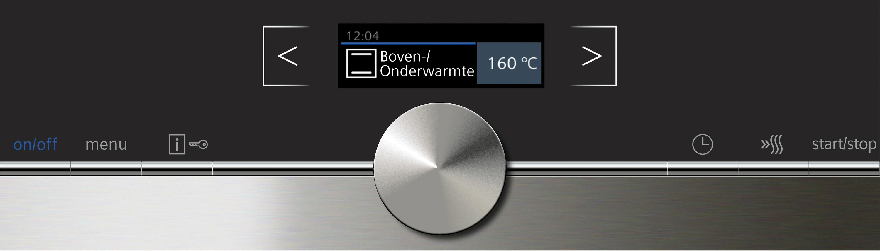 Eine schwarze Backofen-Bedienblende mit Drehregler und Display, mit Text und Symbolen.