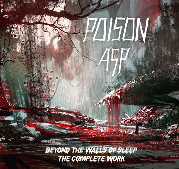 Albumcover mit einer dunklen, blutigen Waldszene, wobei Rot- und Weißtöne das Kunstwerk dominieren.