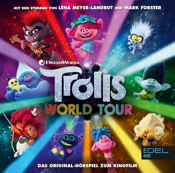 Trolls World Tour Albumcover mit animierten Charakteren in verschiedenen Farben.
