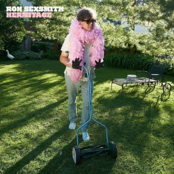 Mann in rosa Boa und Sonnenbrille mäht Rasen mit einem Schiebemäher. Grünes Gras und eine weiße Ente im Hintergrund.