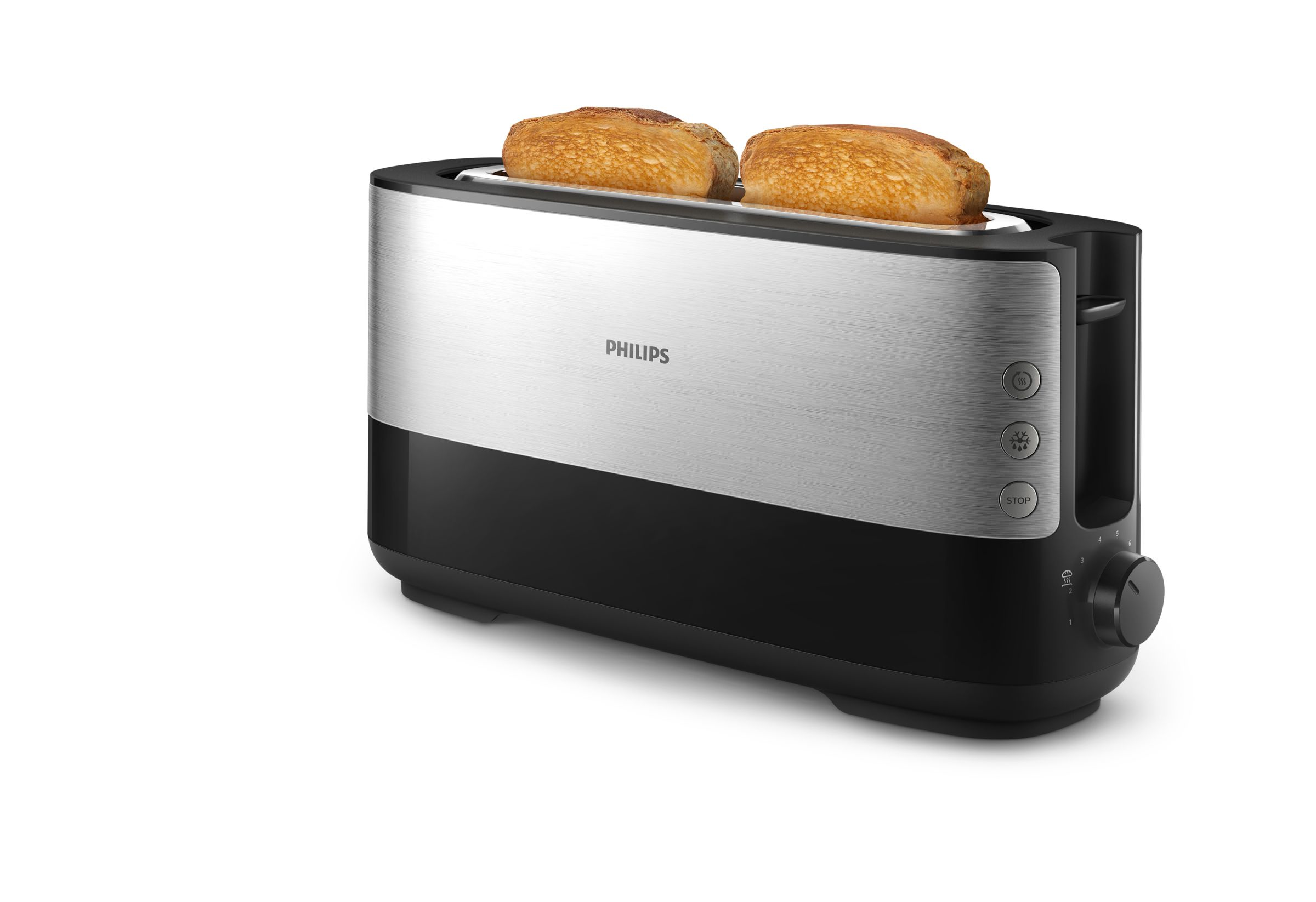 Una tostadora Philips con dos rebanadas de pan tostado. Tiene un esquema de color negro y plateado y un dial.