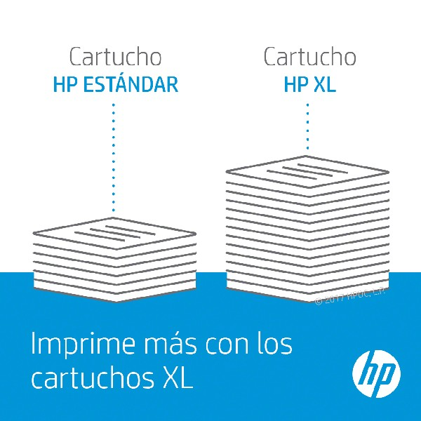 Anuncio de impresora HP: Dos pilas de papel, una etiquetada como HP Estándar, la otra HP XL.