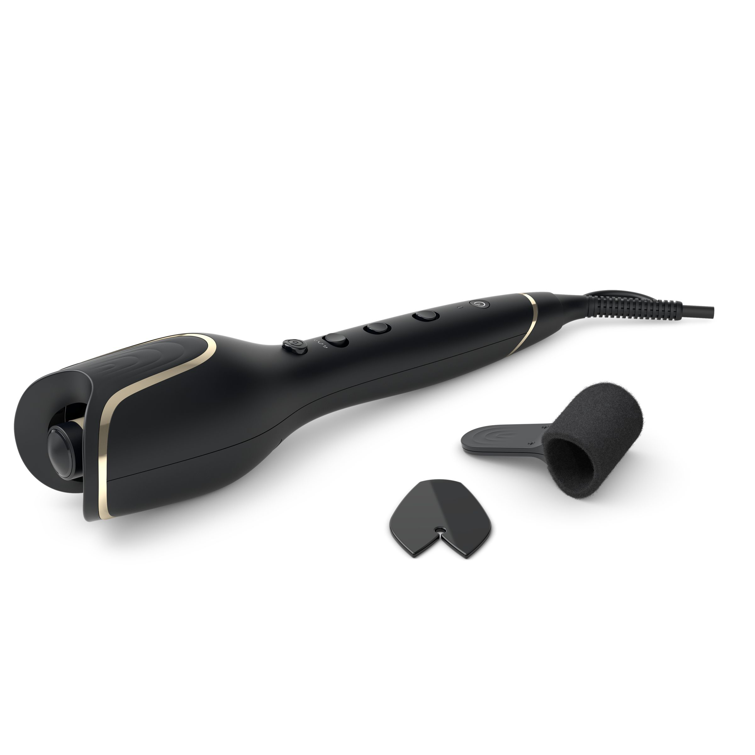A black curling iron with gold accents and attachments. It sits on a white surface.