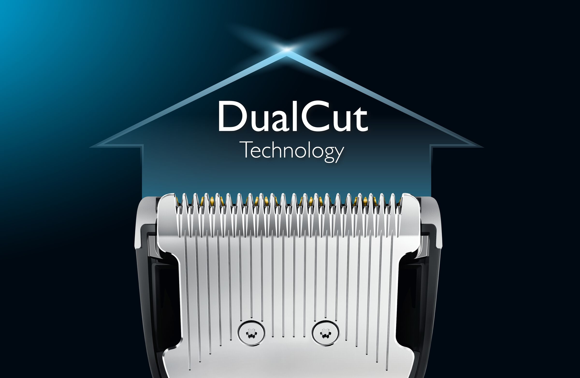 Close-up of Philips DualCut Technology, with an arrow pointing upwards.