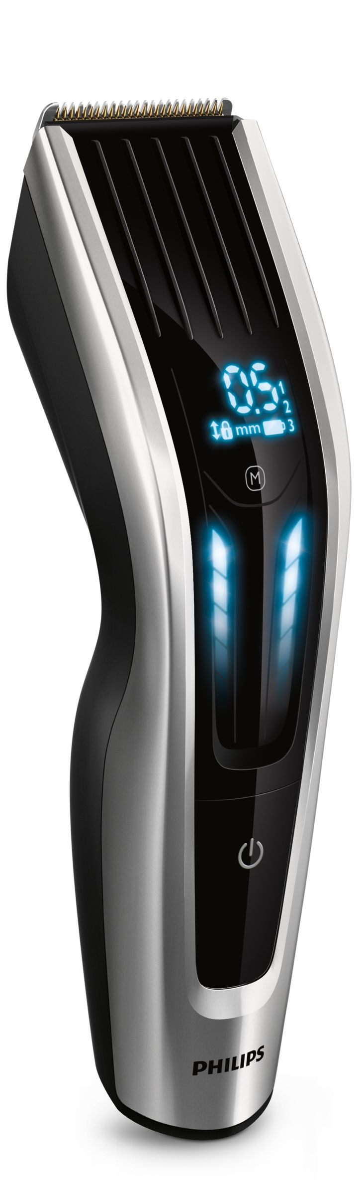 A close-up of a hair clipper with a black and silver design.