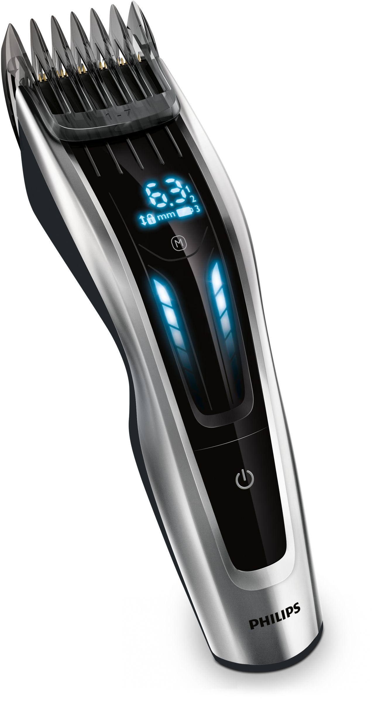 A Philips electric hair clipper with a digital display.