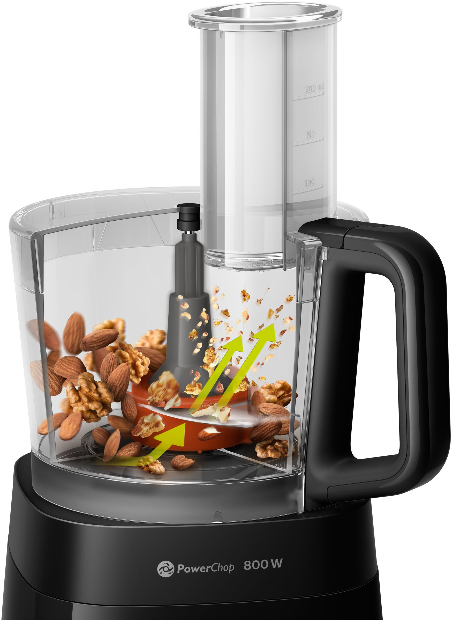 A food processor with almonds and walnuts inside, with arrows indicating chopping.
