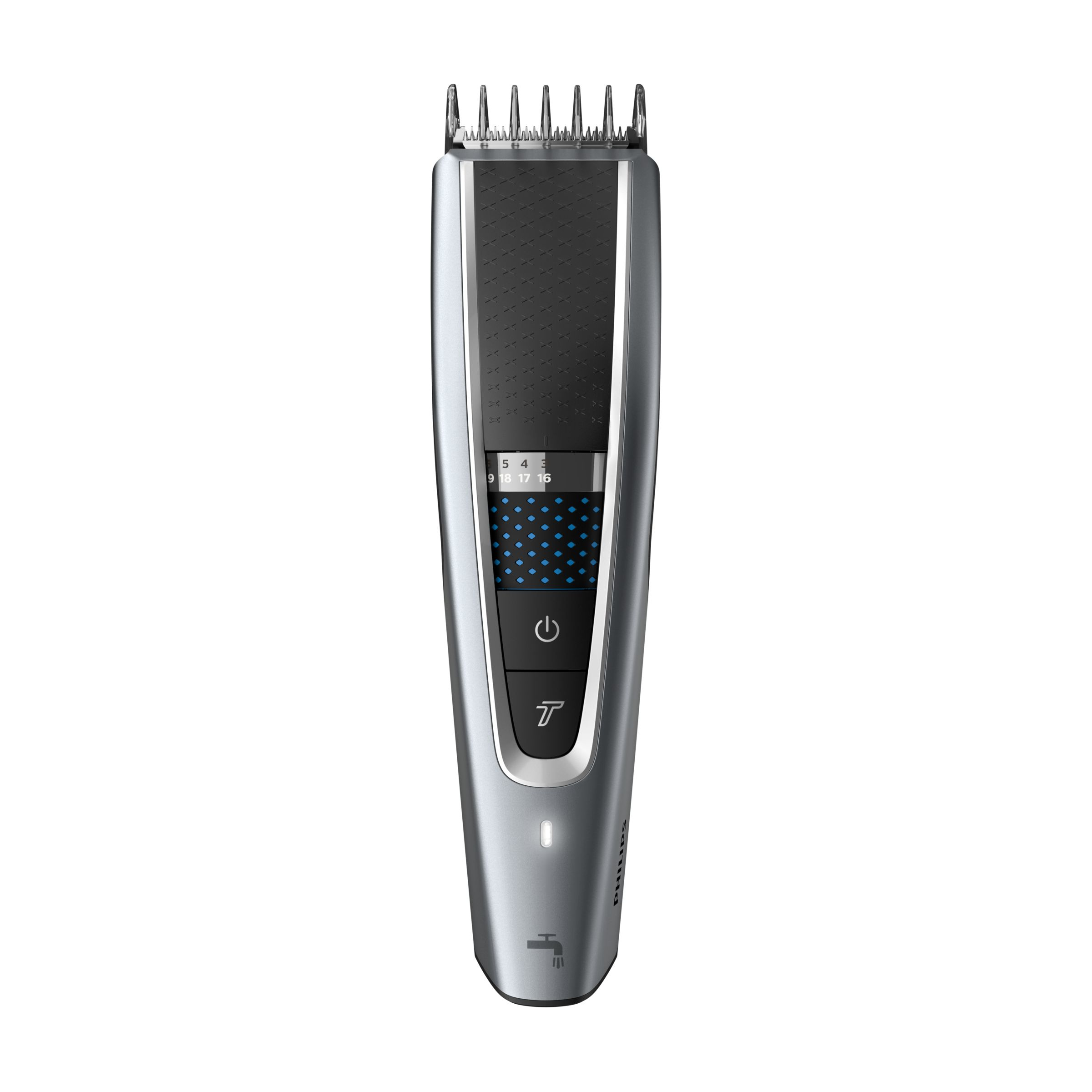 Silver Philips hair clipper. It has a black textured grip and a digital display. The trimmer is on a white background.