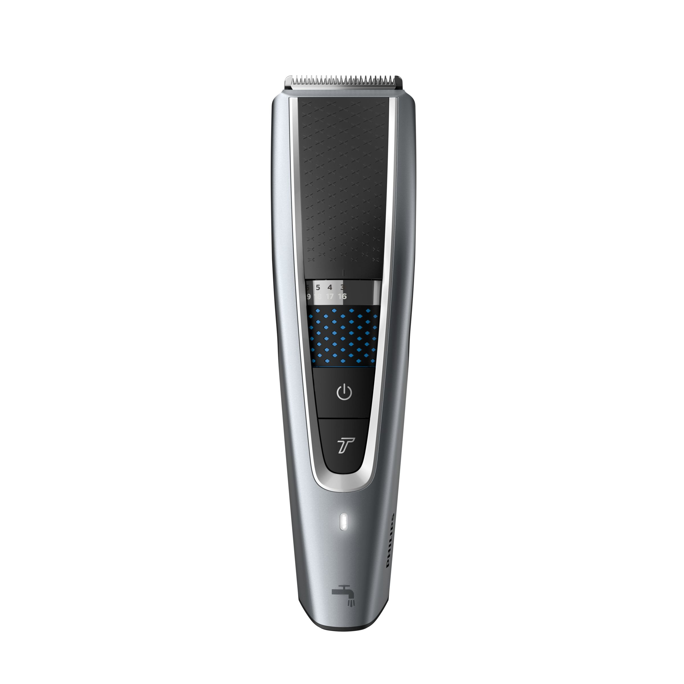 A silver Philips beard trimmer with black buttons and a digital display.