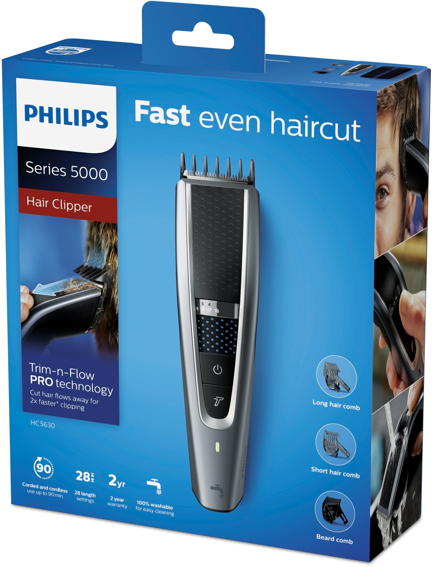 A Philips hair clipper in its packaging with illustrations.