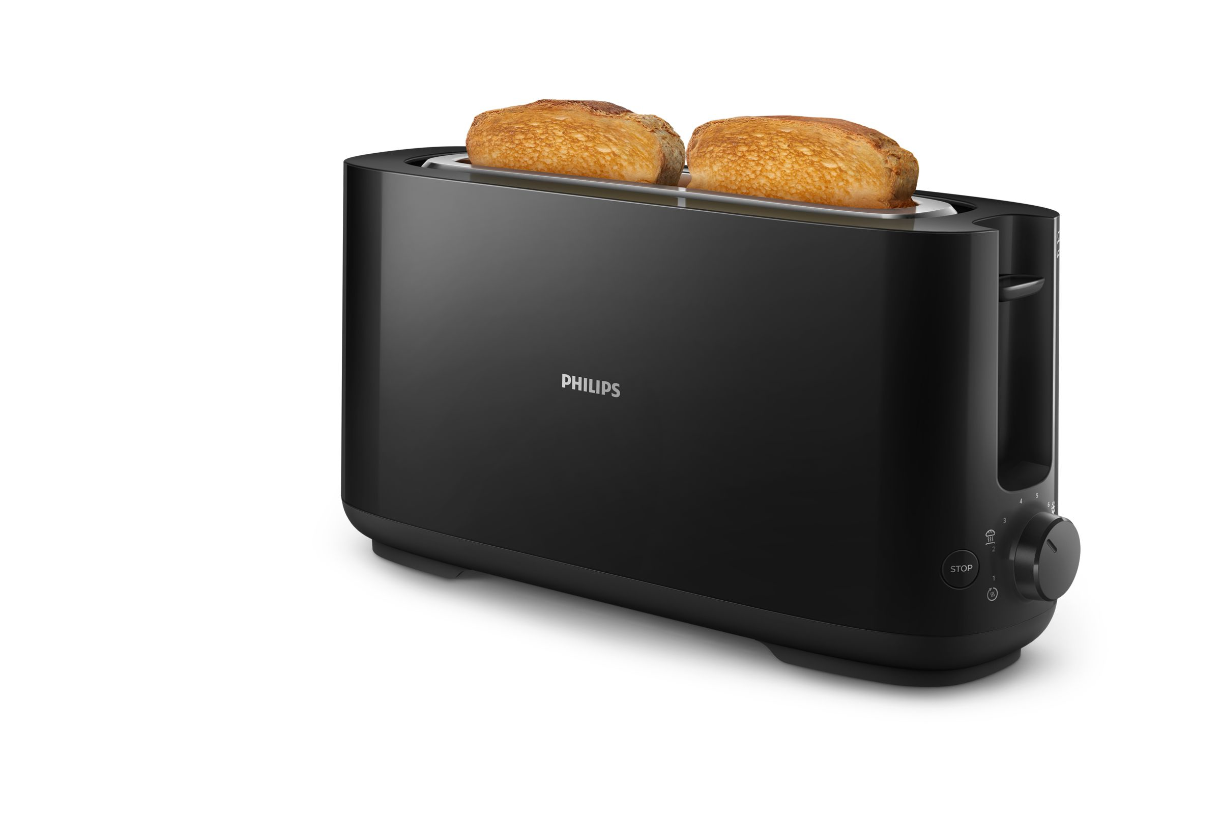A black Philips toaster with two slices of toasted bread inside.