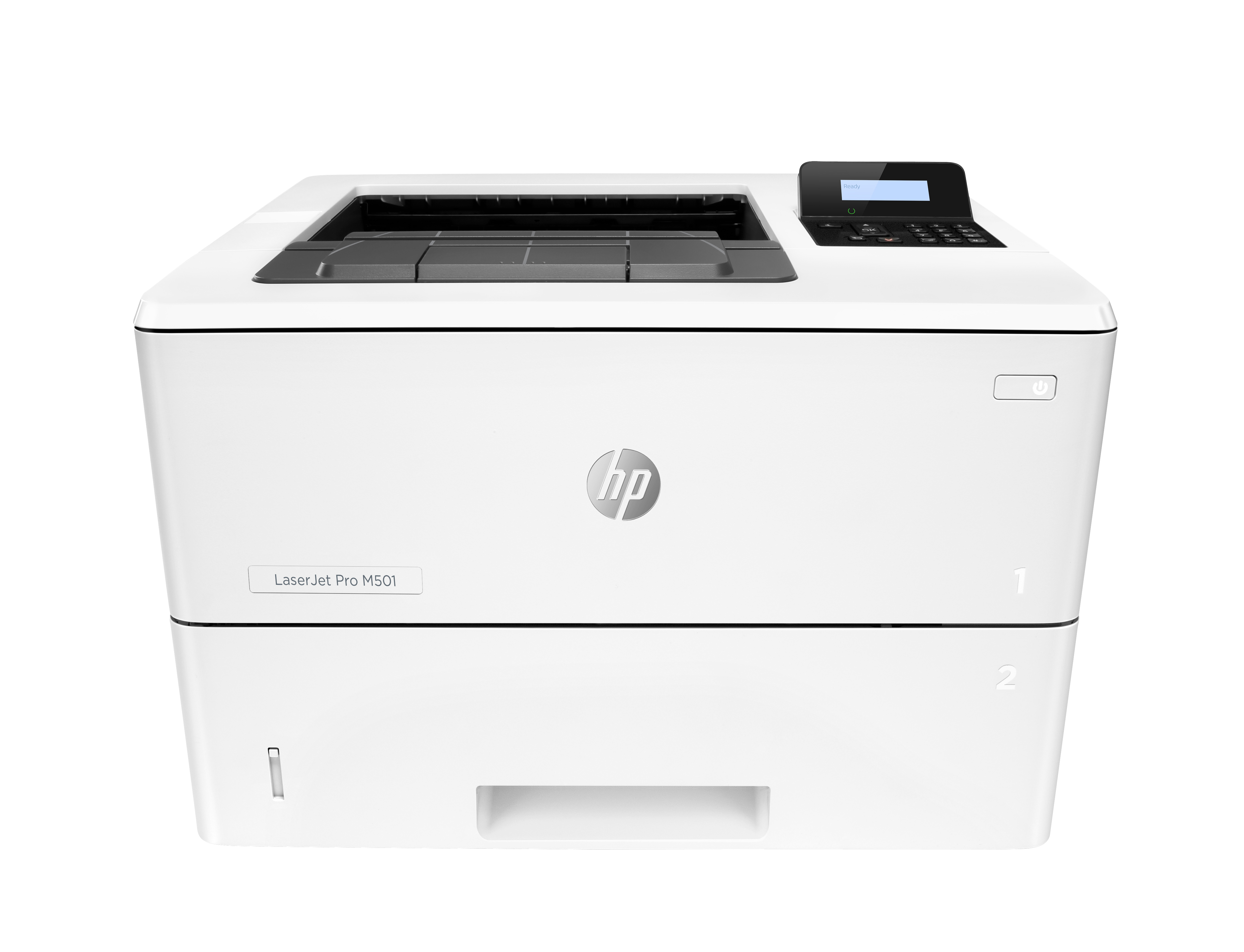Beyaz HP LaserJet Pro M501 yazıcı, HP logosu, numaralı tepsiler ve kontrol paneli.