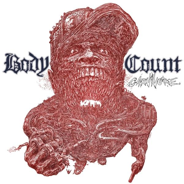 Albumhoes: Gedetailleerde rode illustratie van een monsterlijke figuur met tekst: BODY COUNT, CARNIVORE.