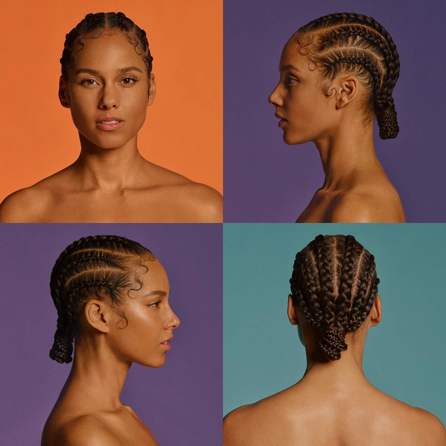Vier Fotos von Alicia Keys mit geflochtenem Haar, aus verschiedenen Blickwinkeln betrachtet.