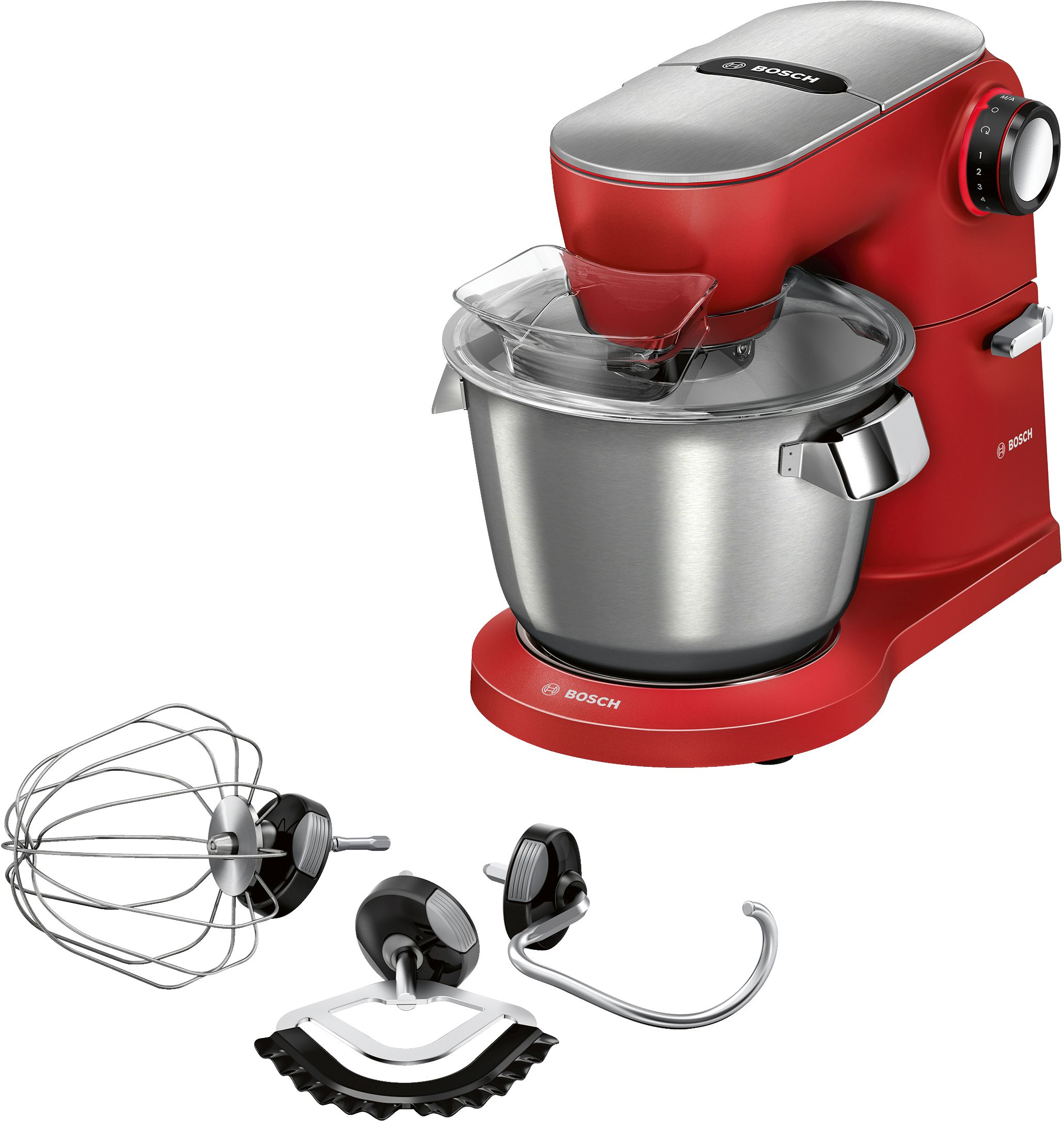 Piros Bosch konyhai mixer tartozékokkal.