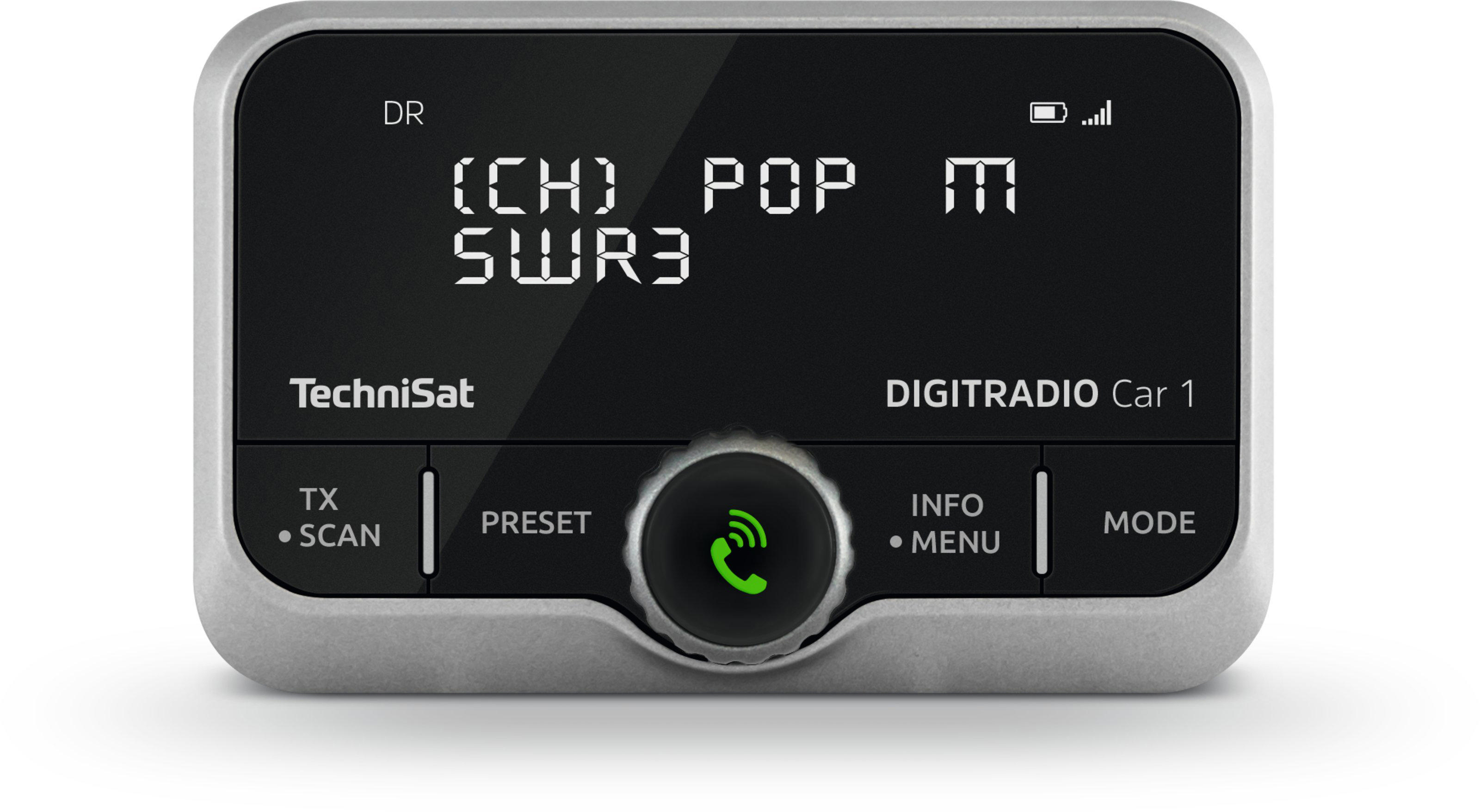 Autoradio-Display mit Senderinformationen. Tasten für Scan, Preset, Info und Modus.