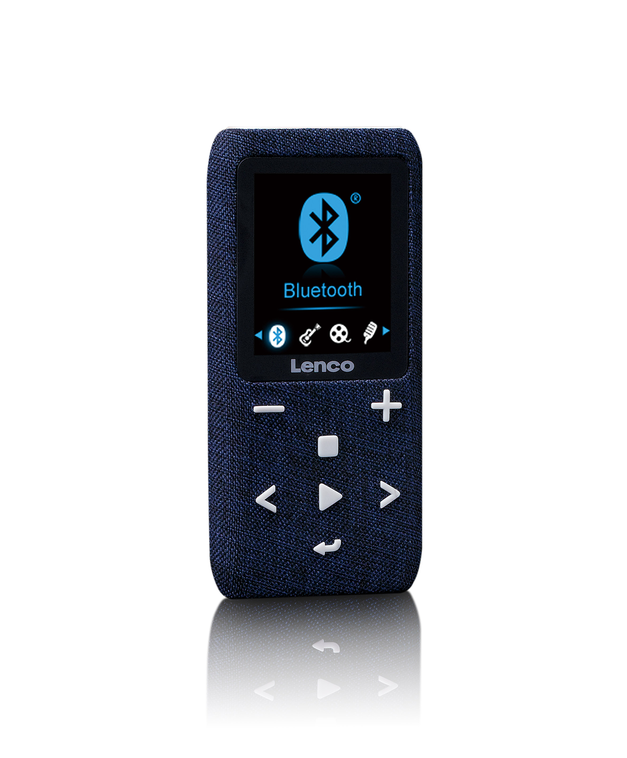 Blue and black MP3 player with a screen showing a Bluetooth icon.