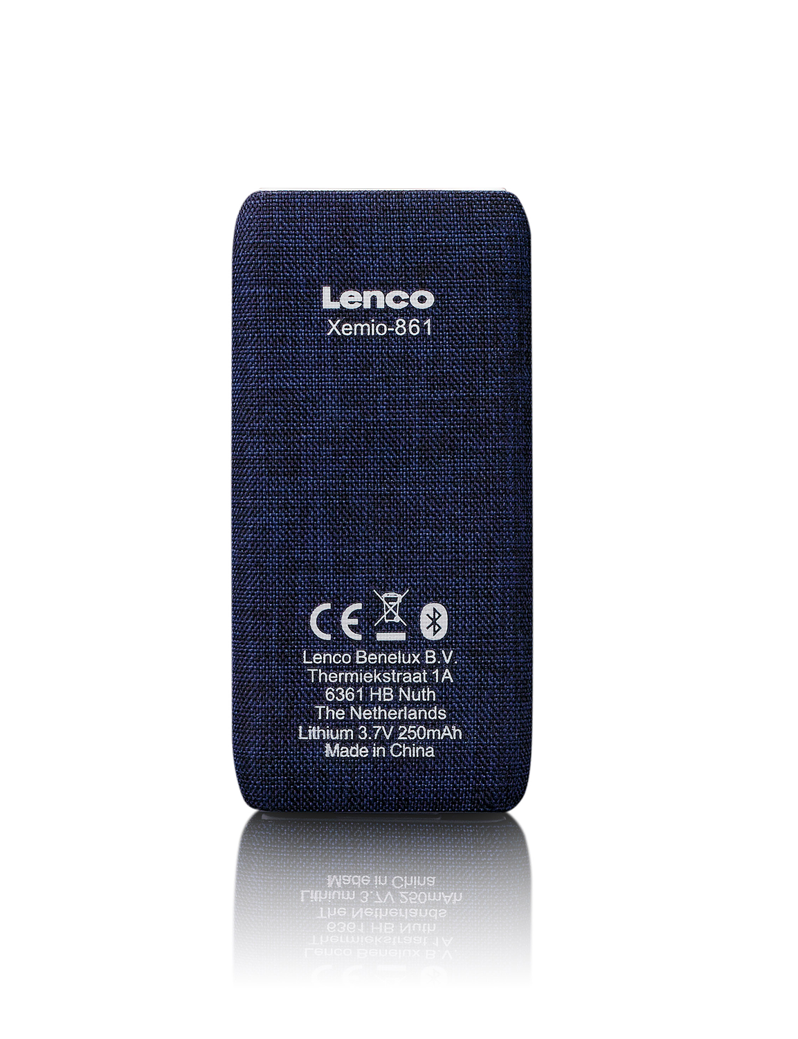 Lenco Xemio-861, a dark blue fabric-covered rectangular device with text. White background.