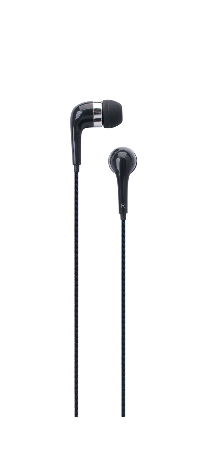 Two black earbuds with a dark blue braided cord, on a white backdrop.