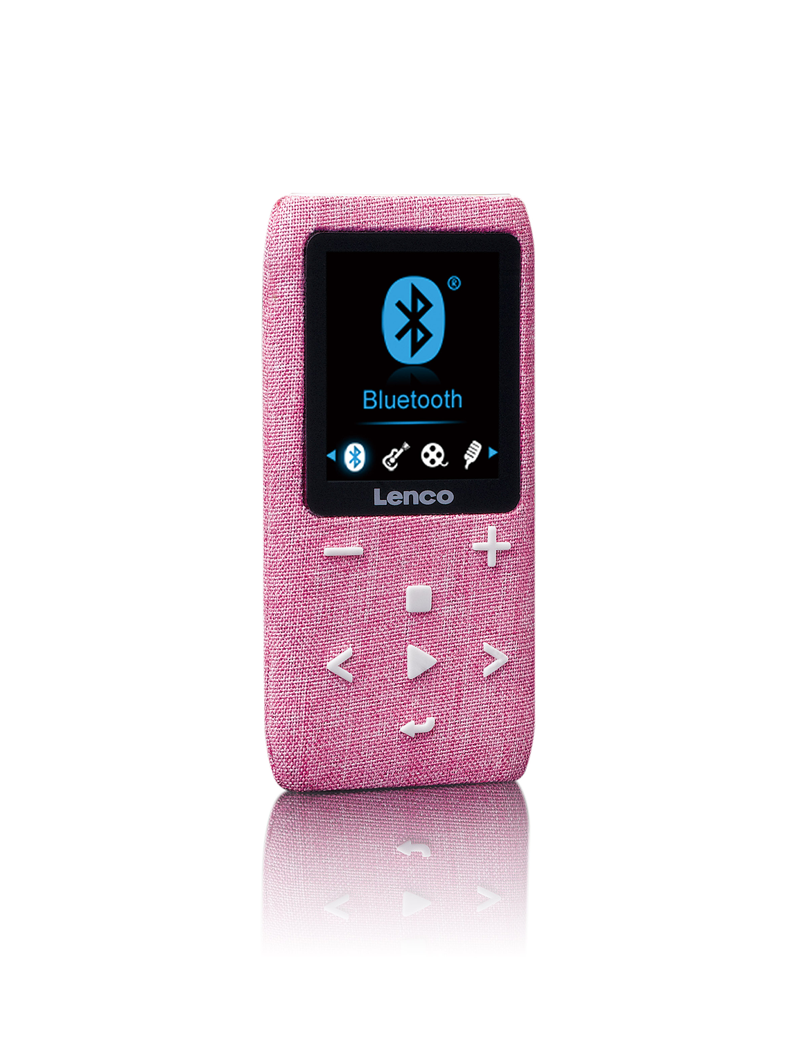 Een roze Lenco Bluetooth MP3-speler met bedieningsknoppen en een scherm.