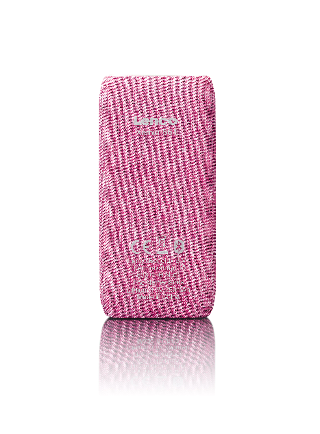Een roze rechthoekige luidspreker met het Lenco-logo.