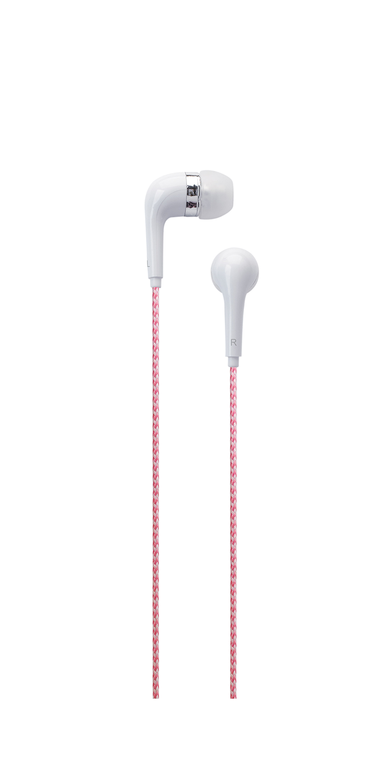 Witte oortelefoons met roze gevlochten snoeren. Schoon, geïsoleerd op witte achtergrond.