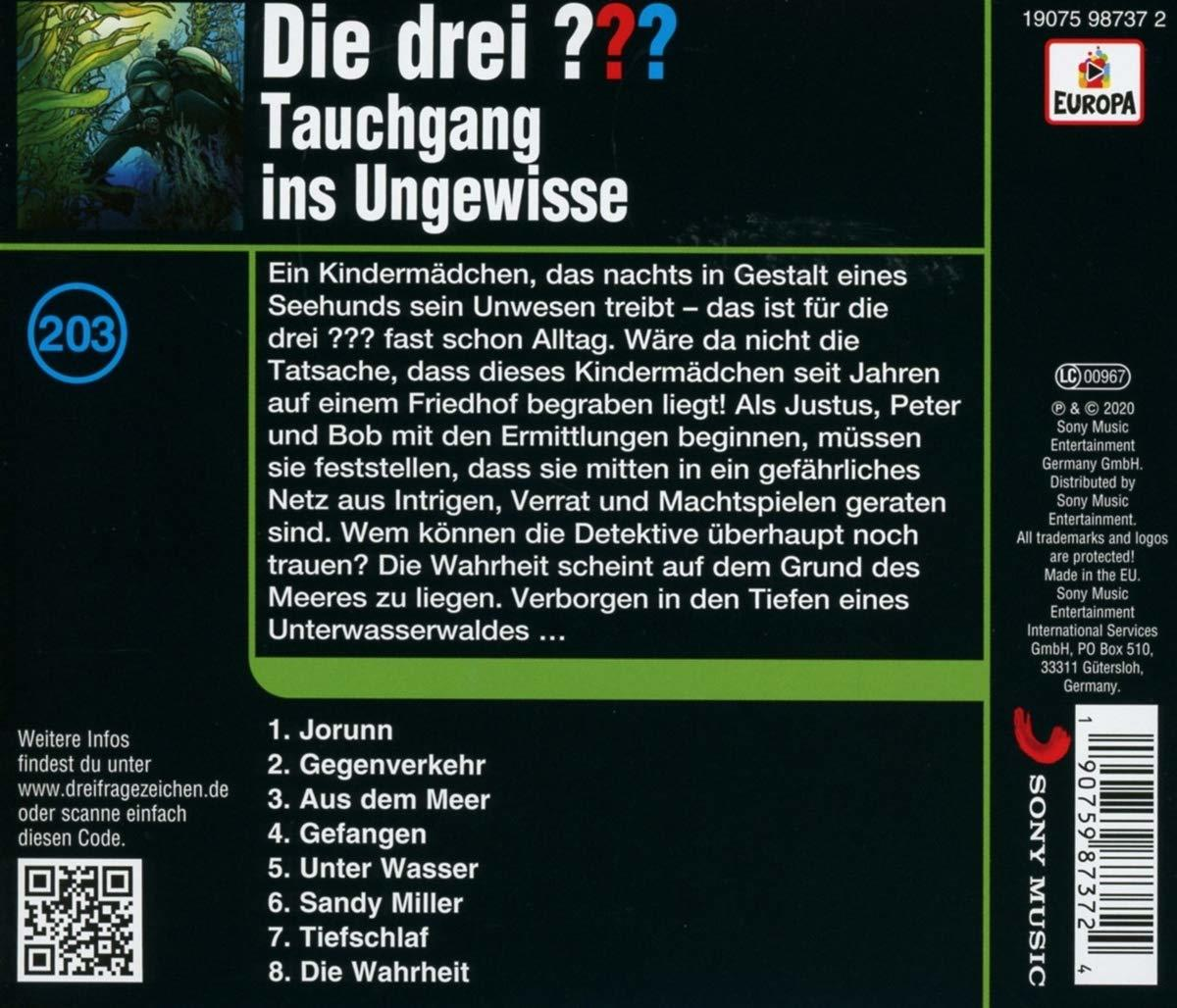 Rückseite einer CD-Hülle. Titel: Die drei ??? Tauchgang ins Ungewisse. Europa-Logo.