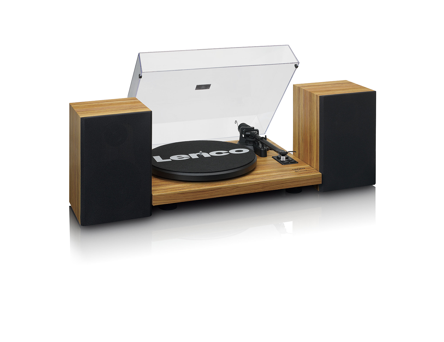 A wooden record player with two speakers on a white background.