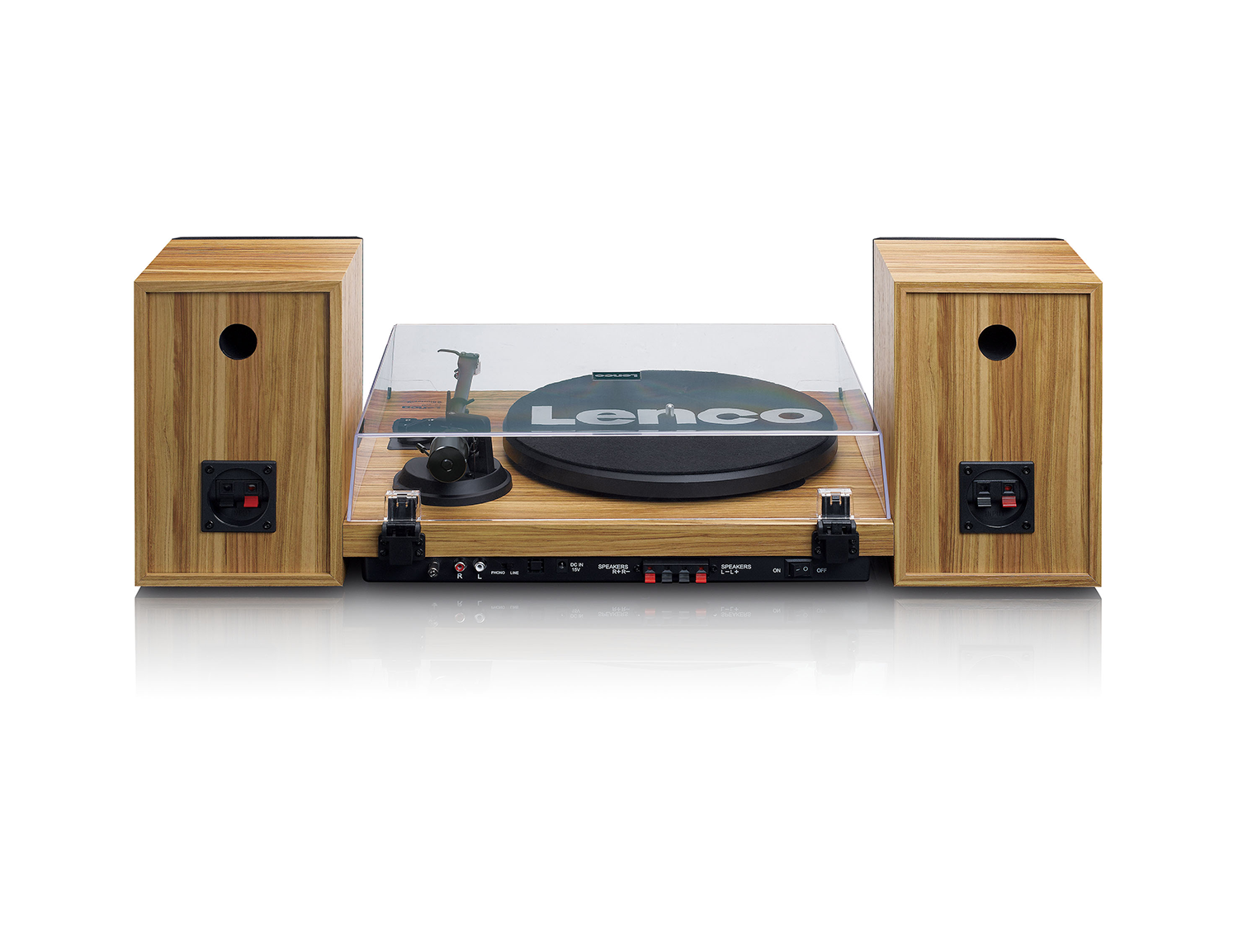 A wooden turntable with two speakers on a white surface.