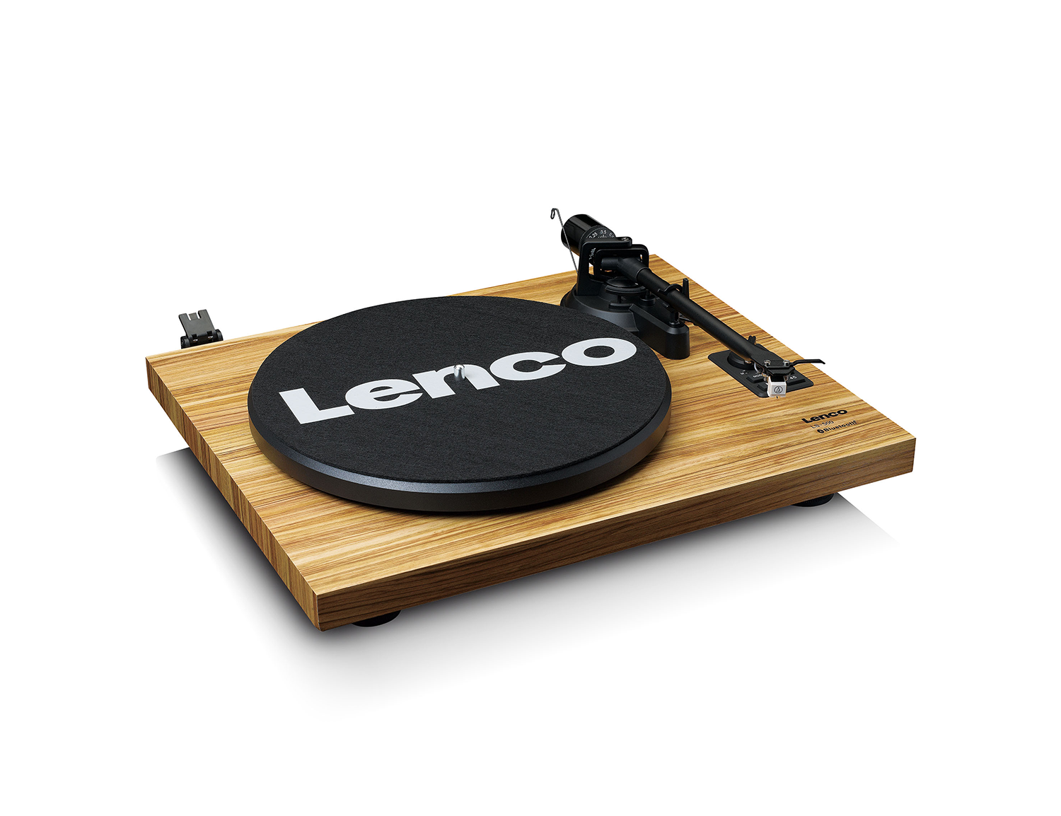 A turntable with a wooden base and a black vinyl record on top.