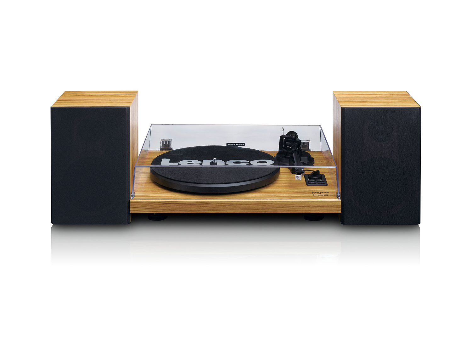A wooden turntable with two black speakers, set against a white background.