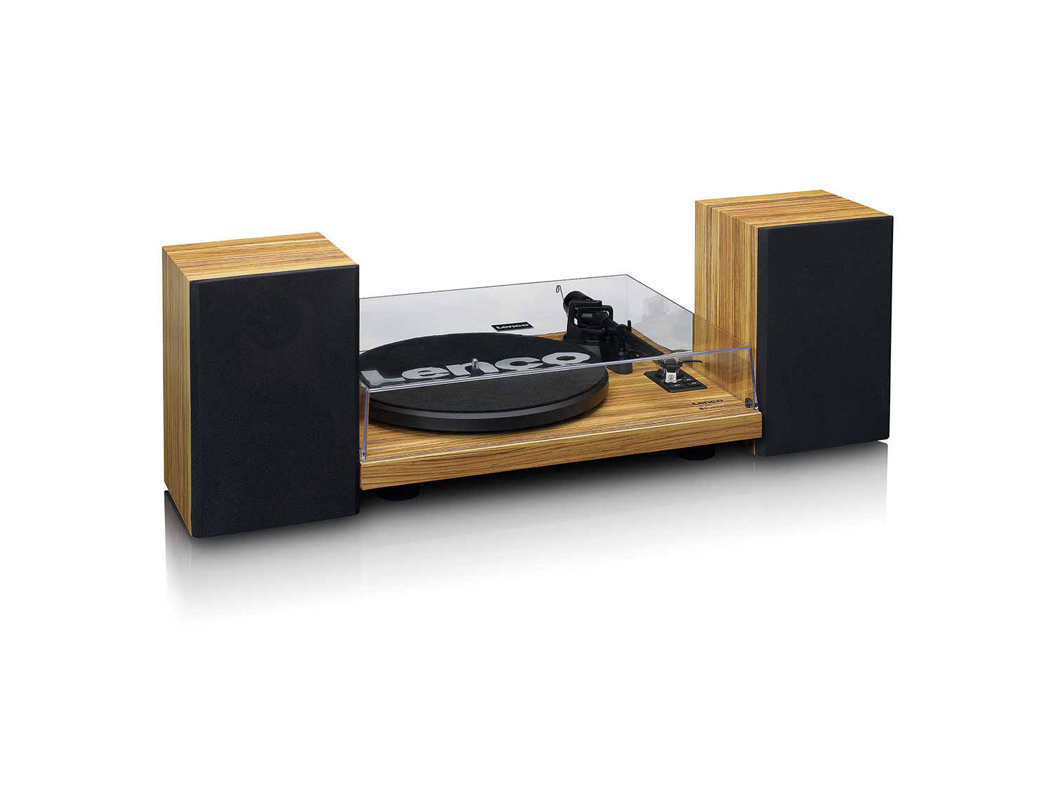 A wooden turntable with speakers on each side, set on a white surface.
