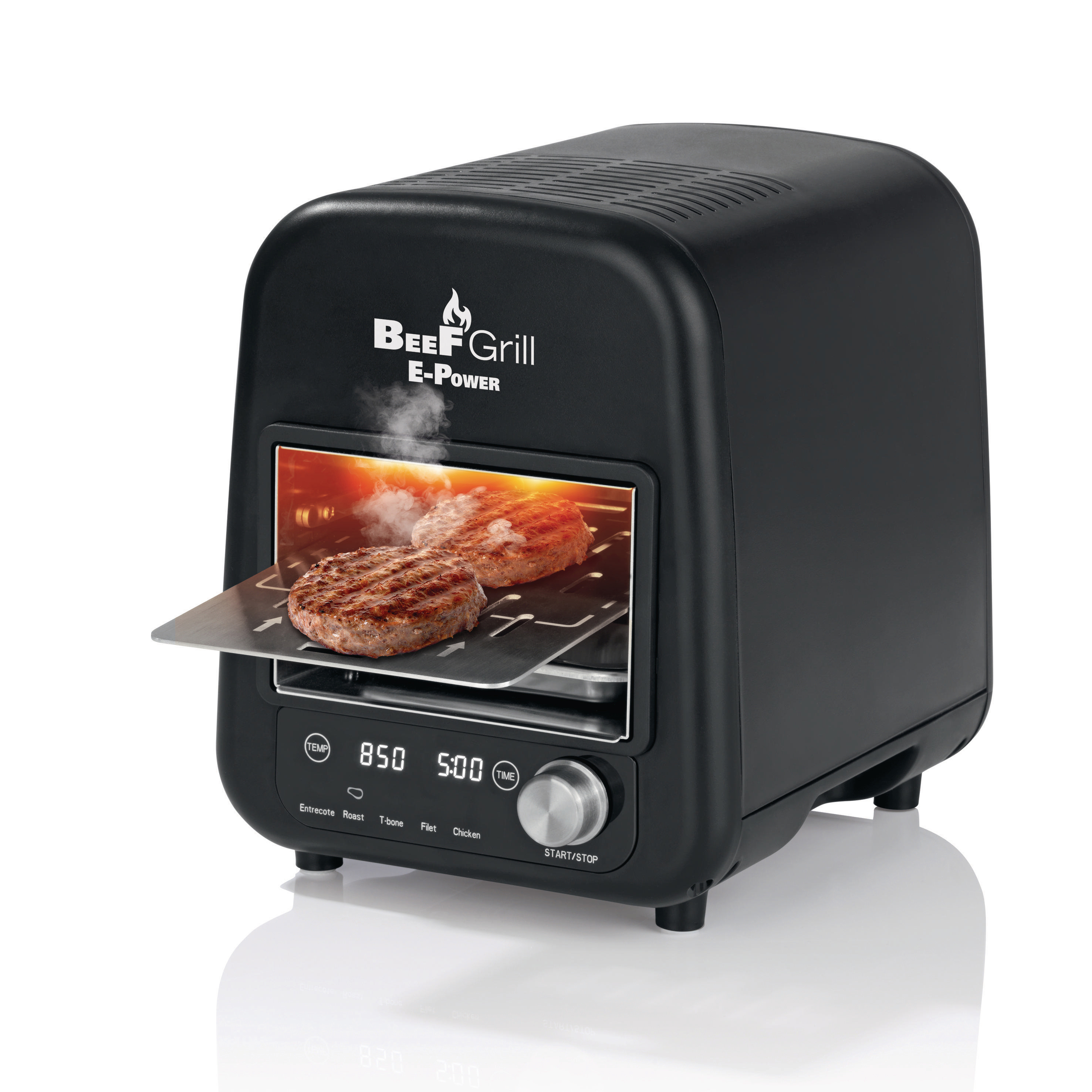Ein schwarzer Beef Grill E-Power-Ofen mit Burgern darin.