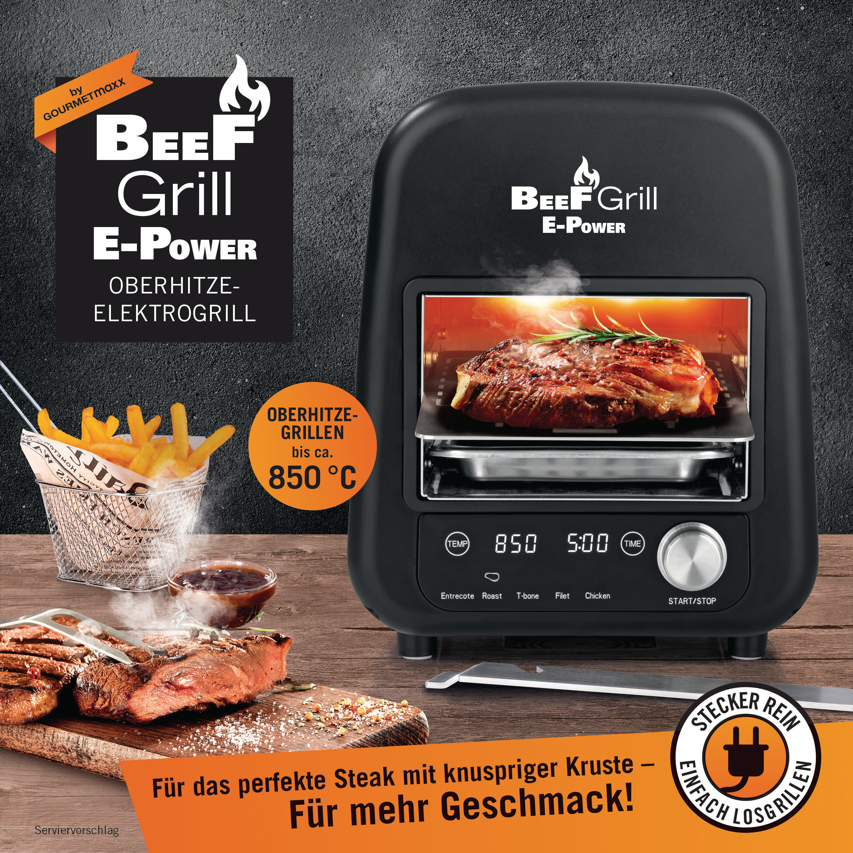 GOURMETMAXX 8100 Oberhitzegrill Beef Maker Elektrogrill, Schwarz (1200 Watt)