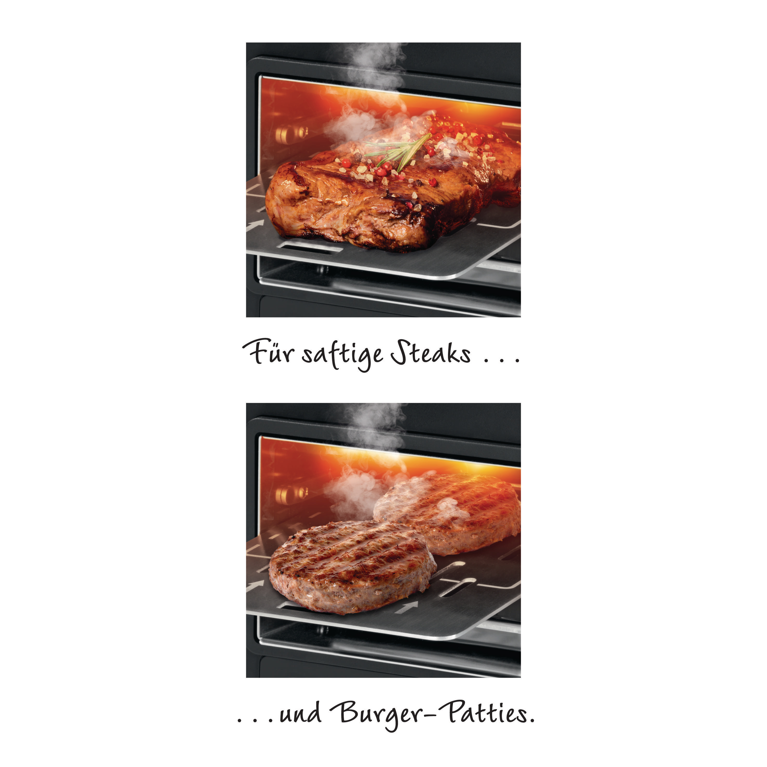 Steak und Burger-Patties werden im Ofen gebraten. Text: Für saftige Steaks... und Burger-Patties.