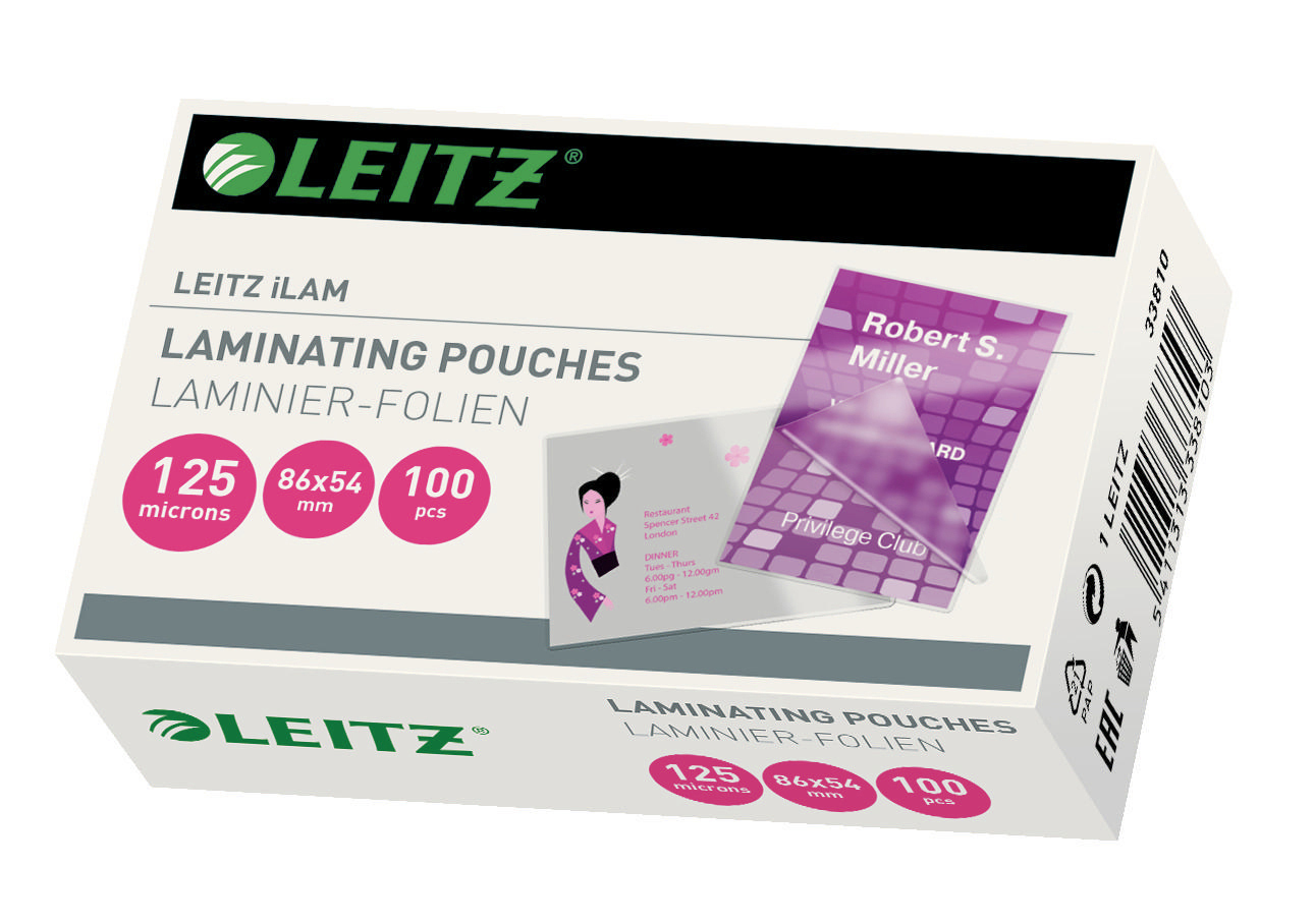 Eine Leitz Laminierfolien-Box. Sie hat rosa Kreise mit Zahlen, eine Restaurantkarte und eine Privilege Club-Karte.
