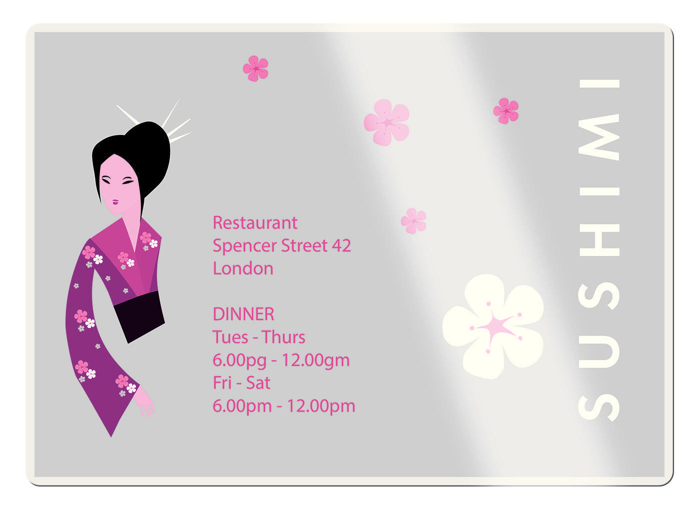 Schild des Sushi-Restaurants. Zeigt eine stilisierte Geisha, rosa Blüten und Text über Standort und Öffnungszeiten.