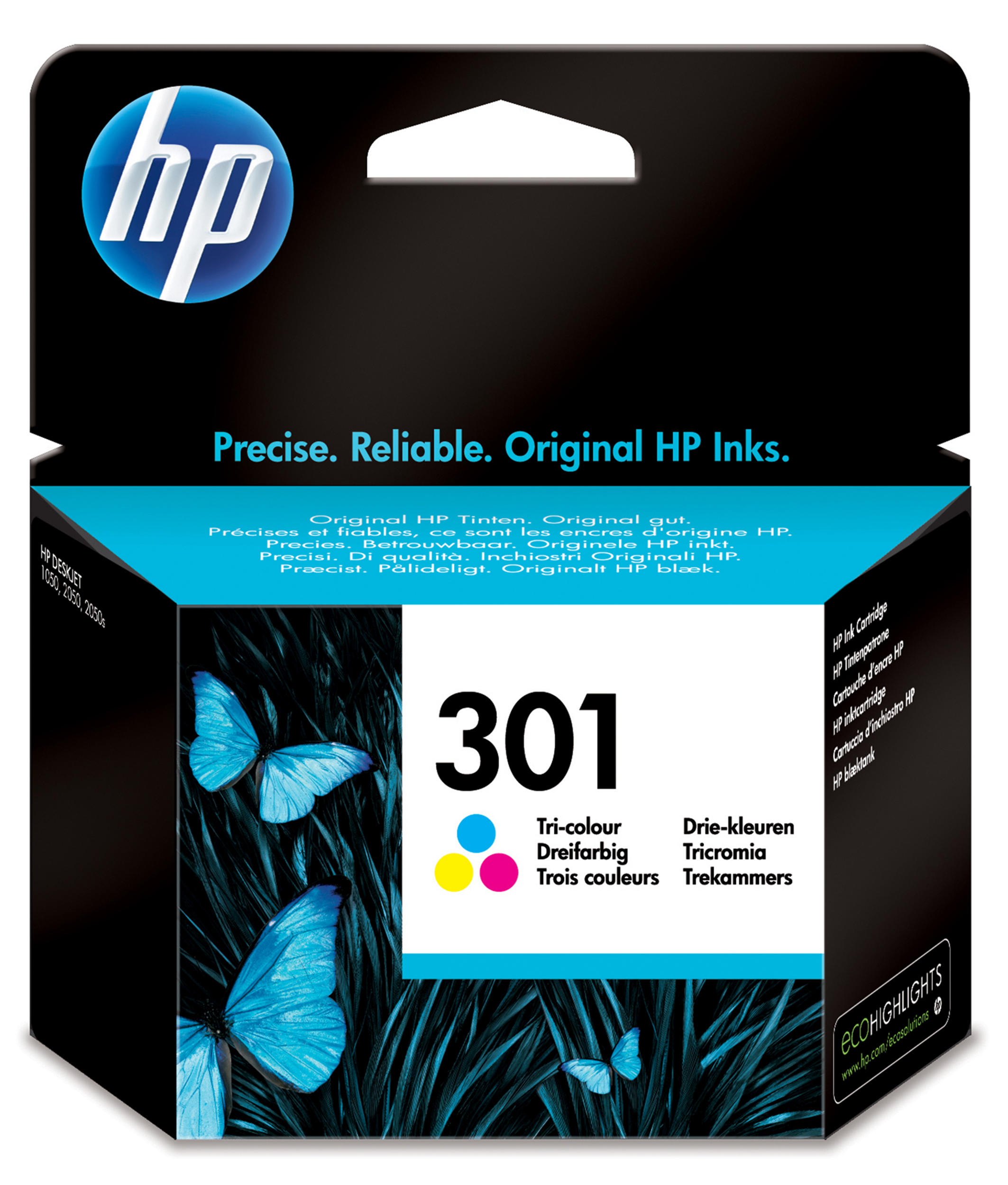 HP 301 Tintenpatronenbox, mit blauen Schmetterlingen und einer teal-gelben Farbpalette.