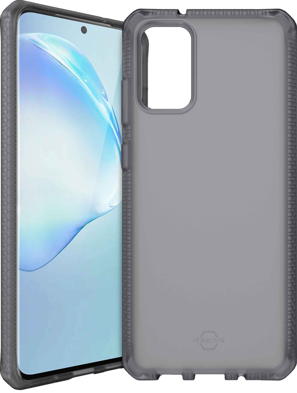 Housse de téléphone grise sur un téléphone avec un fond abstrait bleu et blanc.