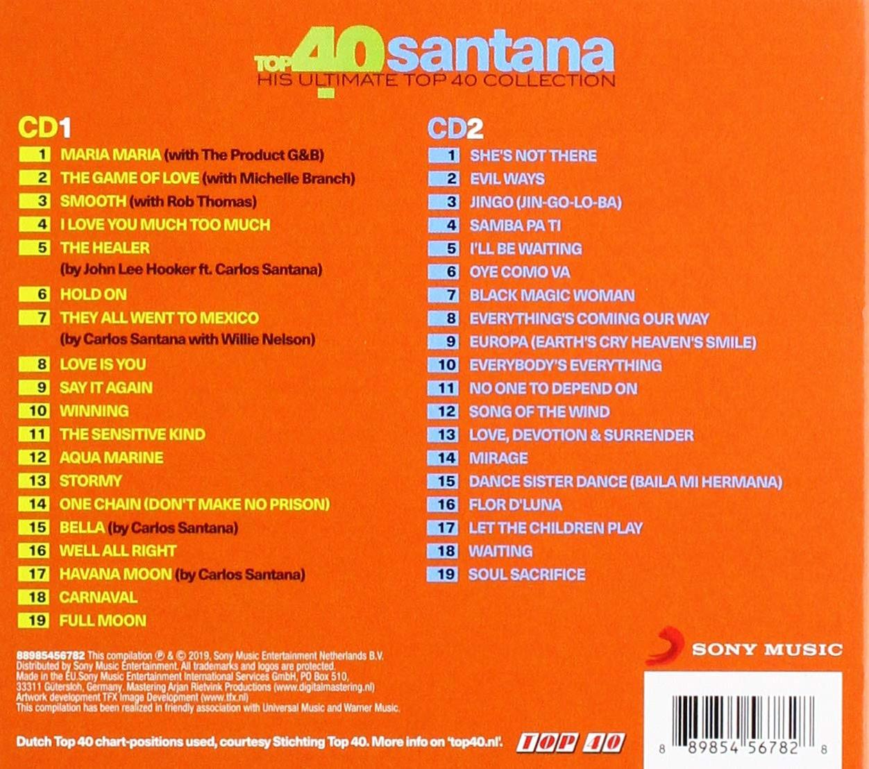 Pochette de CD des plus grands succès de Santana, avec des listes de titres pour le CD1 et le CD2, et le logo Sony Music.