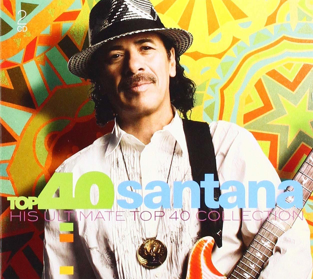 Pochette d'album avec Santana tenant une guitare. Le fond a un design abstrait et coloré.