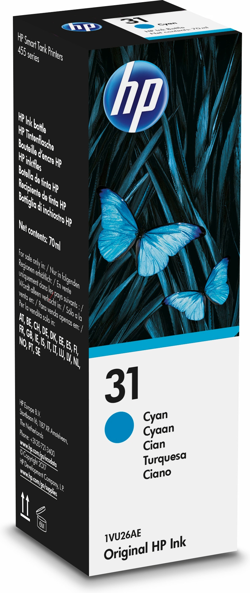 HP Smart Tank Tintenbox. Blaue Schmetterlinge auf dunklem blauem Hintergrund. Text in mehreren Sprachen.