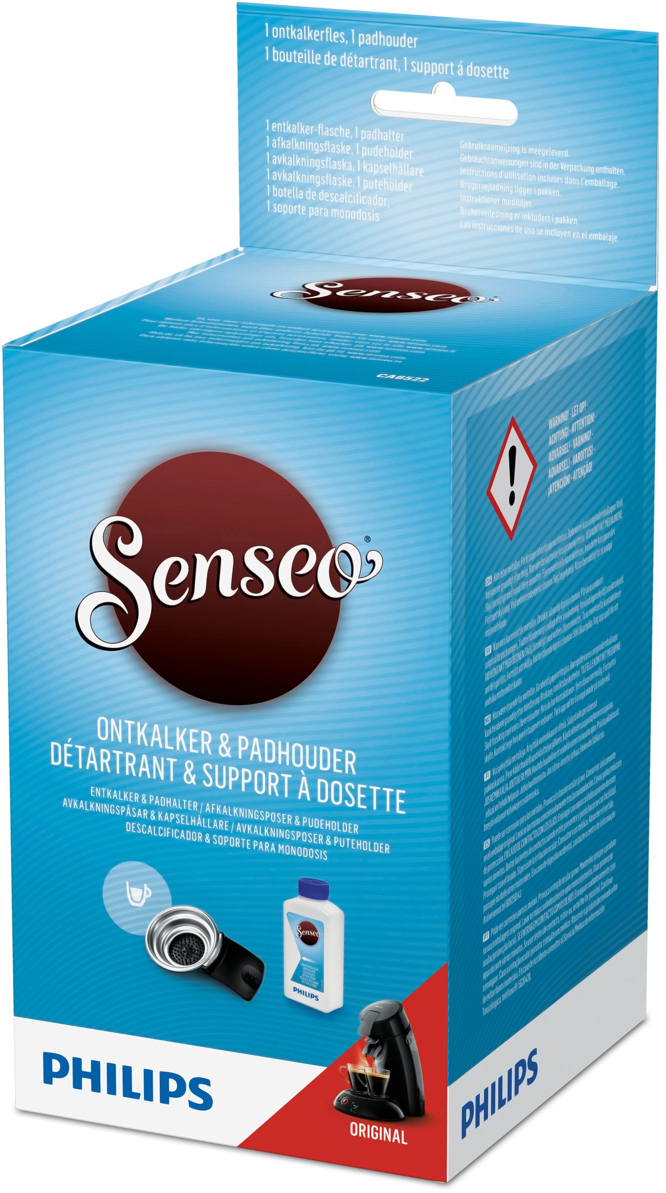 Senseo Entkalkungs-Kit-Box mit einer Entkalkungsflasche und einem Kaffeemaschinenteil.