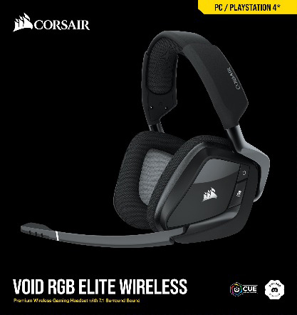 Schwarzes Corsair Void RGB Elite kabelloses Gaming-Headset. Mikrofon, Logo und Text auf Schwarz.
