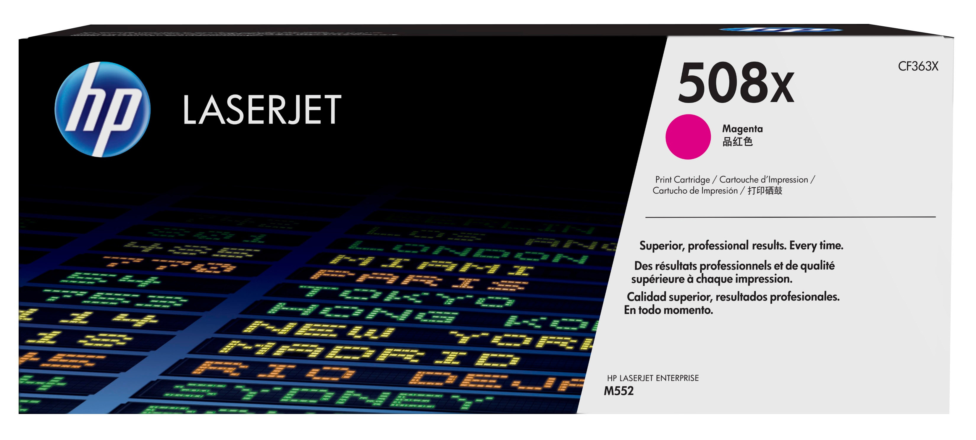 HP LaserJet Druckerfarbenbox, magenta, mit Grafik einer Stadt.