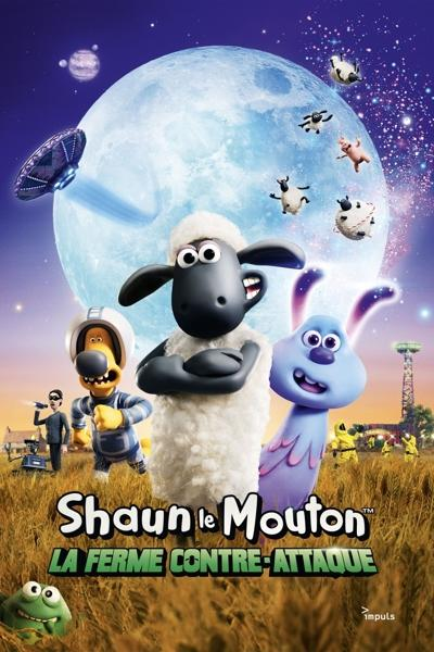 Shaun the Sheep filmposter. Shaun en andere personages in een veld met een maan en UFO's.