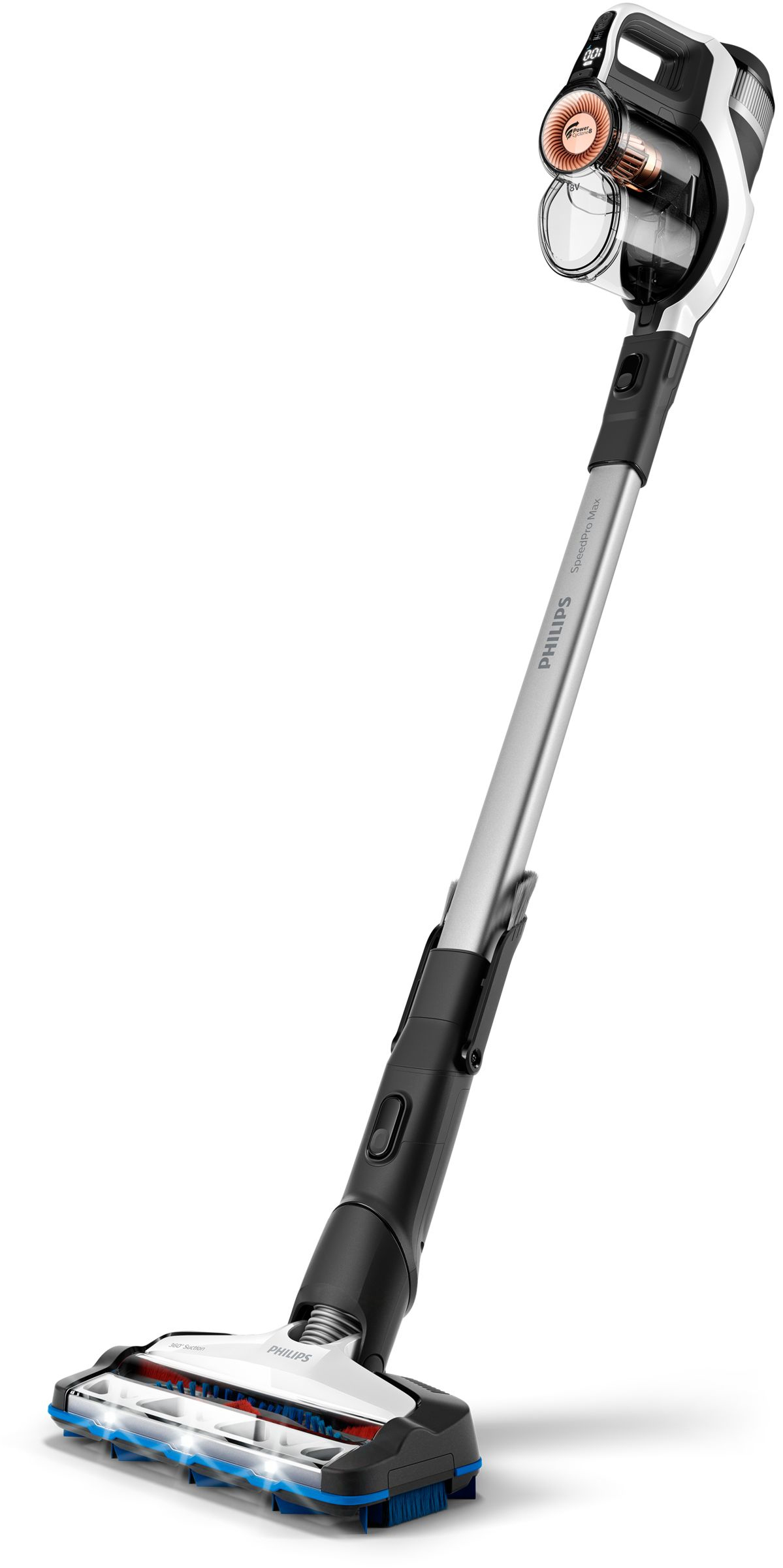 Ein Philips SpeedPro Max Staubsauger. Er ist schwarz, weiß und silber, mit einem transparenten Staubbehälter und einem blauen Bürstenkopf.